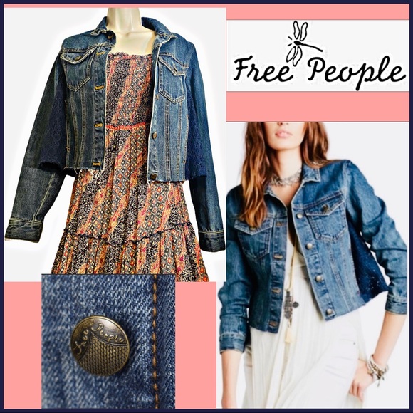 FREE PEOPLE DENIM JACKET W BLUE LACE INSET PANELS - Picture 2 of 12